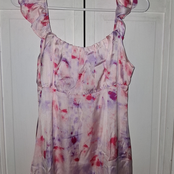 Emily Wonder Soft Pink Floral Tie-Dye Ruffle Strap Mini Dress - Picture 3 of 15